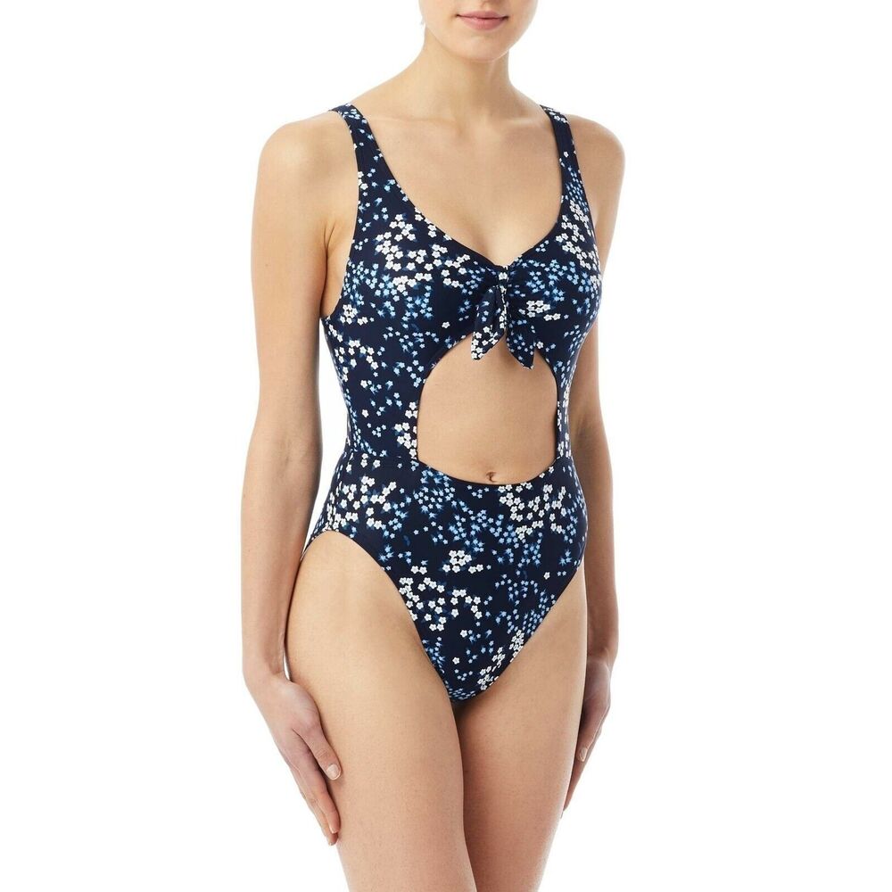 NWT MICHAEL KORS 12 scattered blooms navy one-piece swimsuit cutout monokini